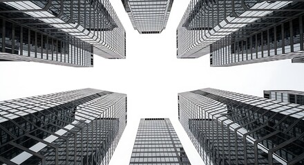 Worm's eye view of modern skyscrapers with glass facades against a bright white overcast sky above them