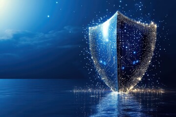 Futuristic cyber security. High-tech 3D digital shield. Antivirus Alert Protection. Global network connection high-tech blue background.