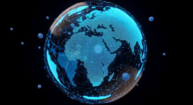 Digital earth globe with blue continents and connected dots against a black background space