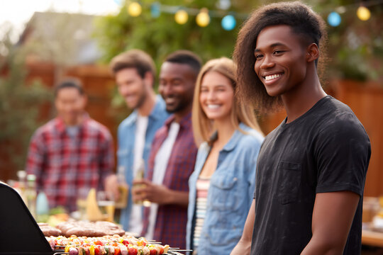 Diverse people having barbecue party in backyard