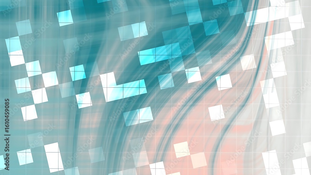 Poster desertcore arctic sunrise abstract teal and peach background with pixelated squares and subtle grid 
