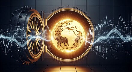 A bank vault door open with a golden globe inside and stock market data in the background