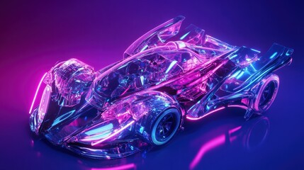 Futuristic Transparent Racing Car with Neon Lights on Vibrant Background