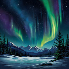 Northern Lights Over Snowy Mountains