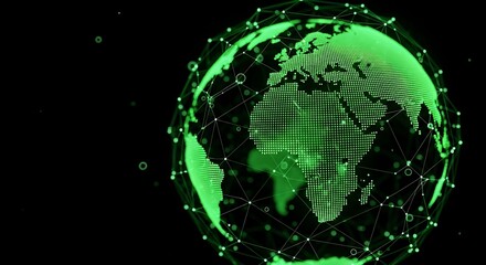 Digital green earth globe with network connections on a black background showing continents