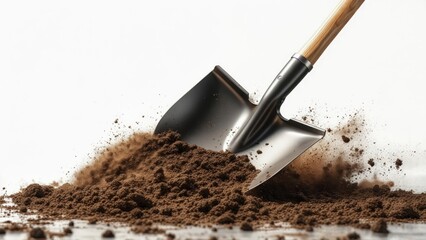 Shovel digging into brown soil pile, dynamic dirt scattering on white background