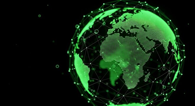 Digital green earth globe with network connections on a black background showing continents