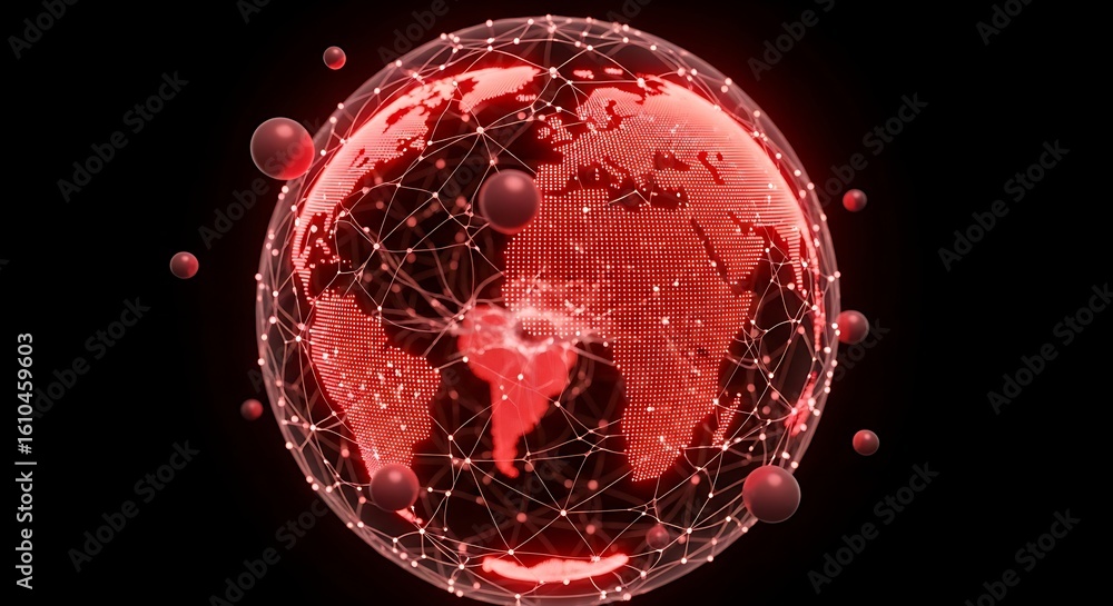 Aufkleber red globe with network connections and floating spheres against a black background