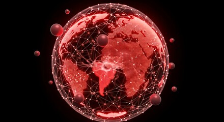 Red globe with network connections and floating spheres against a black background