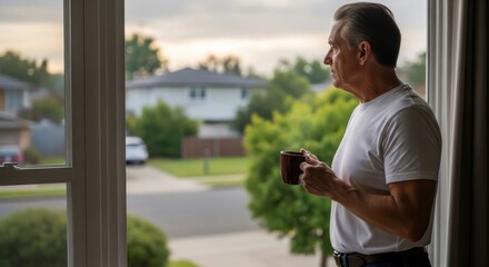 Older man looking out window holding coffee cup