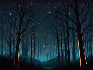Enchanted Forest at Night with Star Trails