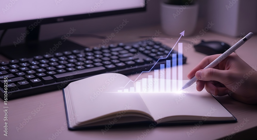 Poster person writing in a notebook with a graph overlayed next to a keyboard and computer monitor
