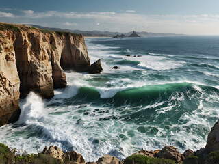 Ocean Cliffs with Rough Waves at Dusk
