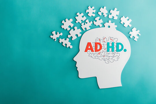 ADHD awareness concept with human head silhouette and missing jigsaw puzzle pieces on teal background, attention deficit hyperactivity disorder brain illustration, mental health education cognitive th