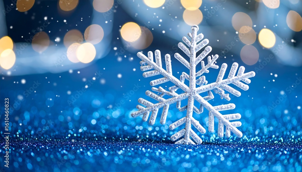 Poster festive snowflake on a sparkling blue surface with bokeh lights backdrop