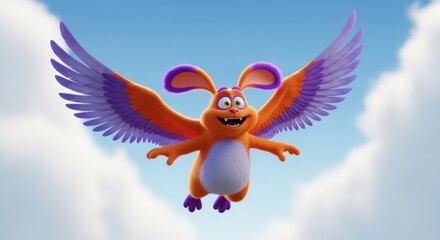 Orange rabbit character flying in blue sky with clouds