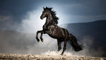 A strong and healthy black horse lifts its two front legs.