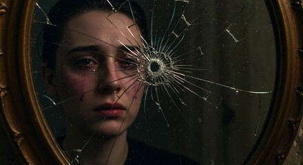 A distressed young woman's reflection is seen in a broken, vintage mirror.
