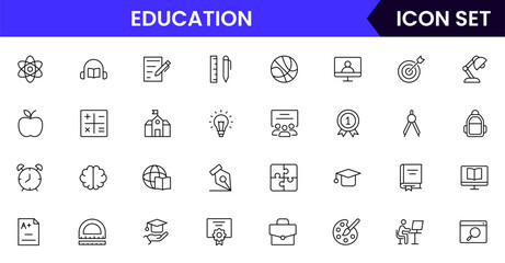 Education vector line icons featuring books, graduation caps, classrooms, teachers, students, online learning, diplomas, study tools, and knowledge sharing symbols.