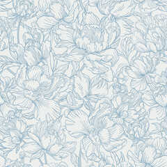 Seamless pattern with flowers. Peonies in blue. Modern design. Line art.