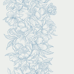 Vertical seamless pattern with peonies. Modern design. Line art. Blue.