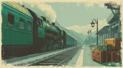 Vintage steam locomotive journey with classic suitcases and street lamps, retro travel poster concept featuring mountainous backdrop and nostalgic aesthetic.