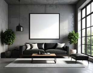 Fototapeta premium Loft style living room with black leather sofa blank art mockup concrete walls and plants