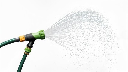 Water spraying from green garden hose nozzle on white background