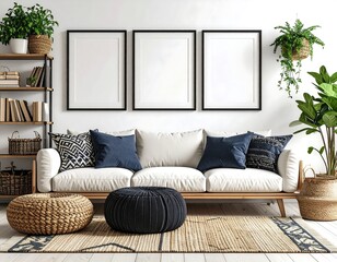 Living Room Interior White Sofa with Black Framed Art, Blue Cushions, Rugs, Plants, and Bookshelf