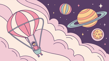 Explore space with astronaut in hot air balloon illustration for kids room decor and space themed party decor