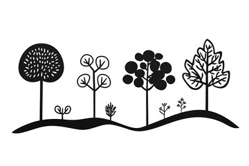 Black tree silhouettes set, botanical nature illustration, forest elements with abstract plant shapes, modern landscape graphic with foliage outlines, minimalist trees growing on hill, environment des