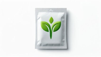 White sealed sachet with green plant logo on a clean white background, symbolizing organic, natural, and eco-friendly product packaging.