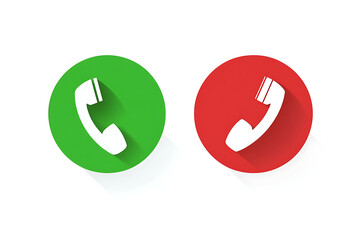Green phone call icon, red phone reject icon, vector flat design of telephone handset buttons, accept and decline call UI concept, mobile interface elements with long shadow, telecommunication symbol 