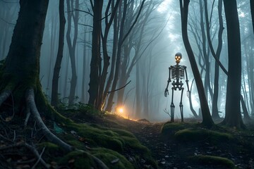 A skeleton standing in a misty forest with a glowing light on the ground and tall dark trees around it