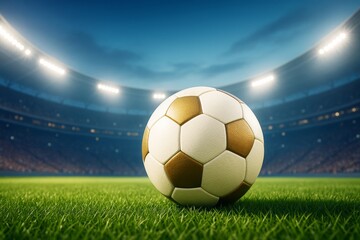 Close-up of soccer ball on grass field under stadium lights with dramatic evening sky background in sports lifestyle concept. Ai generative.