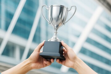 Hands holding a shiny silver trophy cup with modern glass building background celebrating success and achievement in a light creative lifestyle concept.