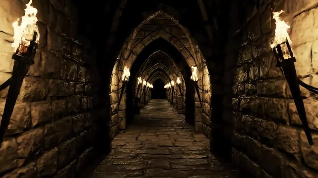 Dark stone corridor, lit by torches, game background