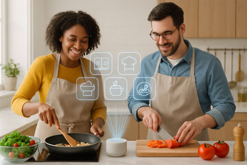Diverse couple happily cooking together in a bright home kitchen
