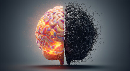 A vibrant, healthy brain contrasts sharply with a decaying, tangled counterpart, symbolizing mental health duality.