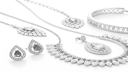 Obraz premium A collection of silver jewelry including necklaces earrings and a bracelet on a white background
