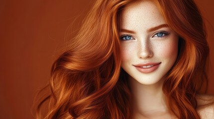 Close-up portrait of a young woman with long, wavy, vibrant red hair and freckles, smiling gently against a rich brown background.