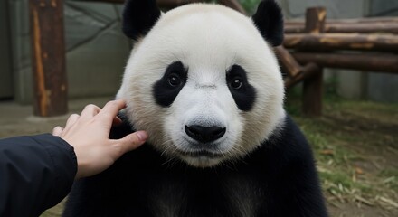 Naklejka premium A human hand gently touches the fur of a giant panda's face, creating a sweet moment.