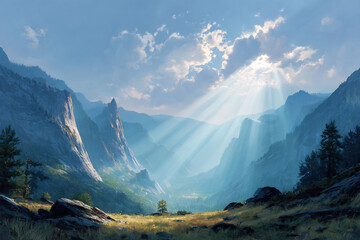 Sunlight bursting through mountain gap into valley