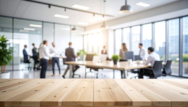Light wood table in blurry modern office setting