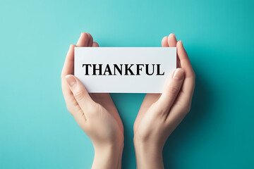 Hands holding thankful card gratitude appreciation positive mindset kindness compassion emotional wellness self care mindfulness thankful message human connection giving thanks motivational concept in