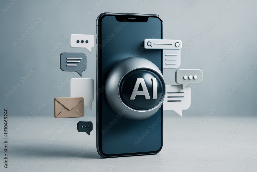 Poster smartphone with ai button surrounded by chat, message, and search icons representing communication a