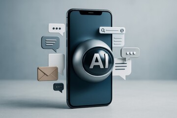 Smartphone with AI button surrounded by chat, message, and search icons representing communication and technology concept on light background.