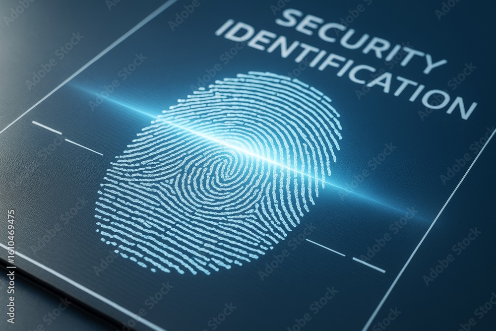 Poster digital fingerprint scanning for biometric security identification with glowing light on dark backgr