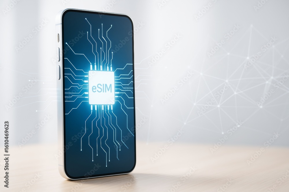 Poster smartphone with illuminated esim chip interface on screen displaying digital circuits and futuristic