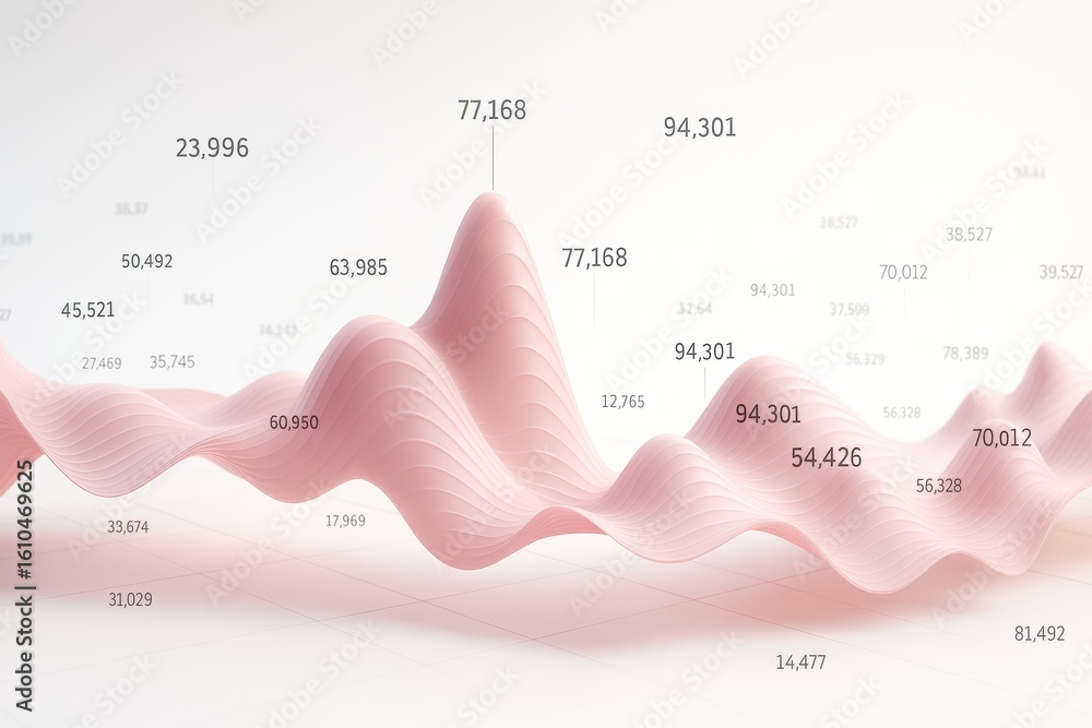 Poster abstract pink wave data visualization with numerical metrics on a light background illustrating mode